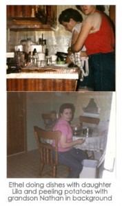 Ethel doing dishes with daughter Lila and peeling potatoes with grandson Nathan in background