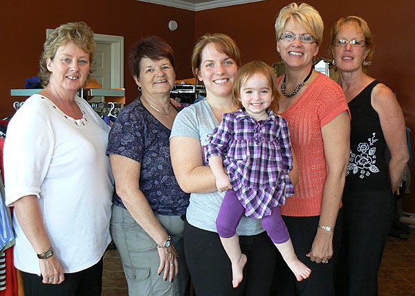 Volunteers. L to R: Barb Doiron, Lois Hare, Chelsey Le Blanc and Amelia Chaisson, Pastor Albertine Le Blanc, Brenda Bordage