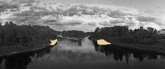 This is a picture of Doctor’s Island as viewed from the bridge, taken years later, with the trees grown up and after the beaches had perhaps eroded away.  Doctor’s Island can be seen upstream in the middle of the river.  The photo has been edited to roughly illustrate where the sandy beaches were on both sides of the river, with the old concrete abutment in the middle.  It was safe to swim at the beach on the left.  It was not safe to swim at the beach on the right.