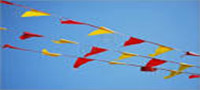 Coloured plastic pennant flags flying over Fred’s Irving garage