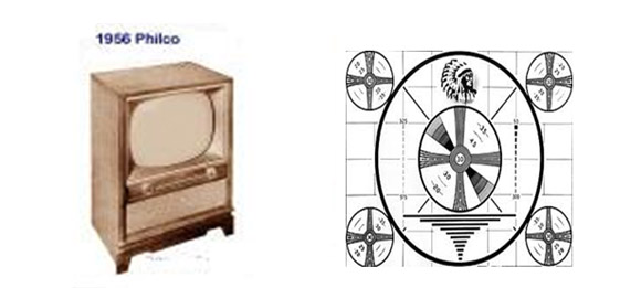 A 1956 Philco floor model television, and the test pattern image.   If the picture on the TV appeared to be unnatural and distorted, then this test pattern channel picture could be used as a model to adjust the vertical or horizontal imaging of the picture