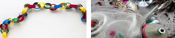 A coloured paper chain garland for the Christmas tree, and angel hair.  Mom had to put gloves on to put the angel hair on the tree, because it was silken spun glass, and could pick into the skin.