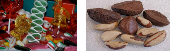 Pictured above is a mixture of barley toy, ribbon, and mixed hard candy.  The rock hard barley toy candy, made in the shape of an animal, could last for days.  We called Brazil nuts ‘nigger toes’.  The hard three-cornered nuts had to be broken apart with the hard tap of a hammer on one of the edges, and you seldom got the nut out of the shell in a whole piece, as shown here.