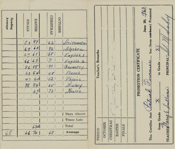 My June 1965 end-of-year report card.   The passing mark was 65, so I failed French with a final grade of 63.  But I passed from grade 10 into grade 11 - - with an overall average of only 68!